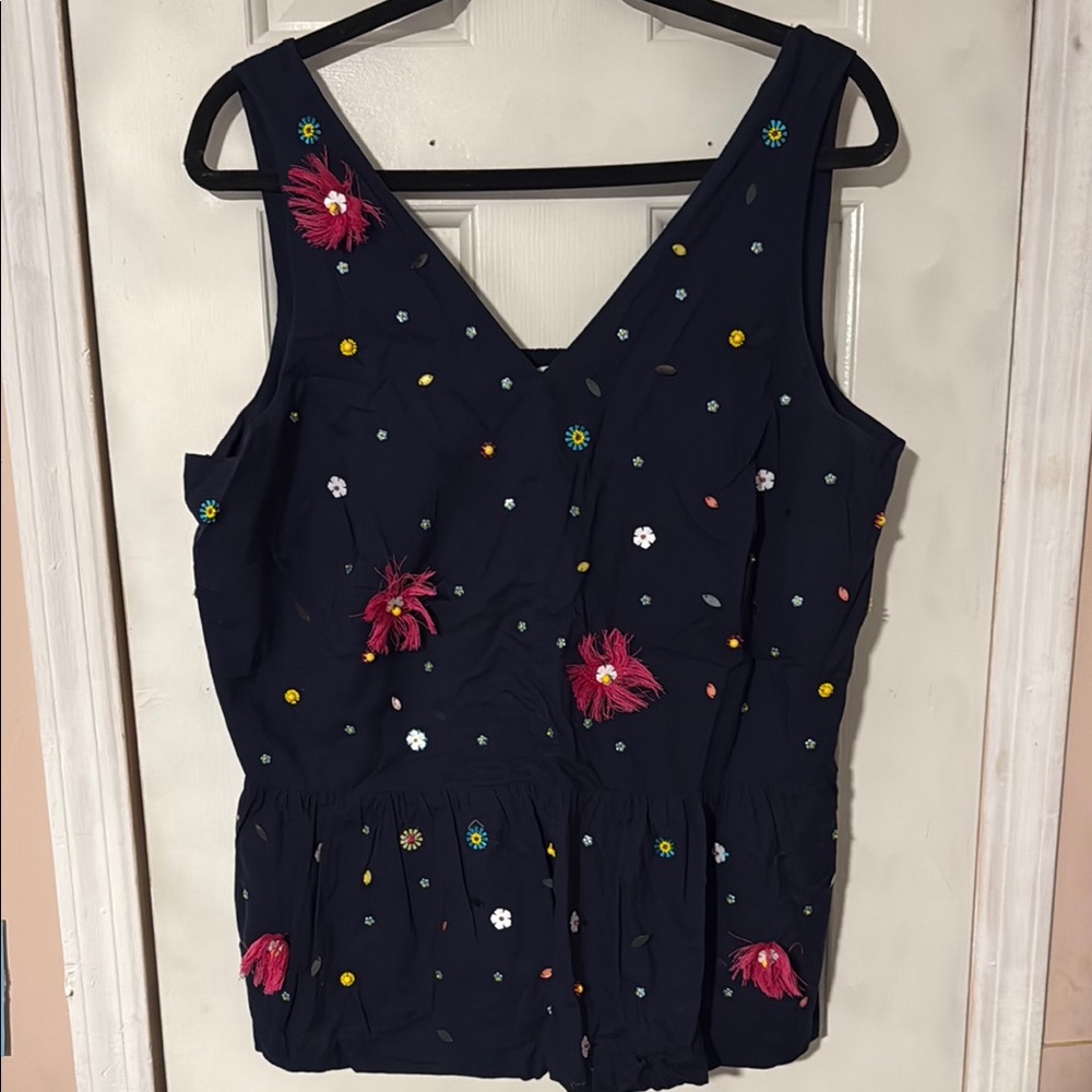 Crown & Ivy Navy Top with Floral Accents